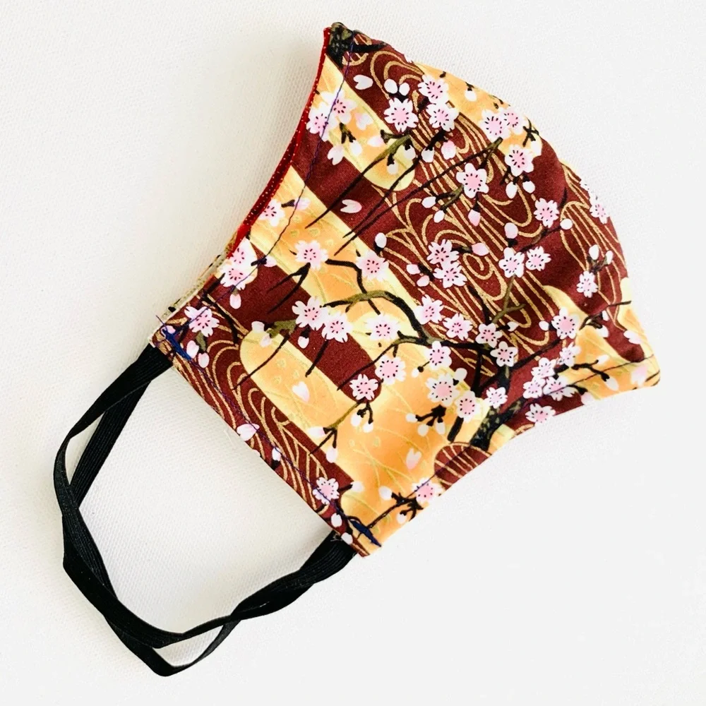 NEW Handmade Maroon Gold Cherry Blossom Print Face Mask